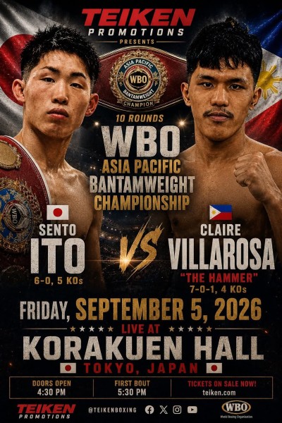 "The Hammer" Villarosa Challenges Sento Ito for WBO Asia Pacifict; Salina Battles Fujiki in Japan