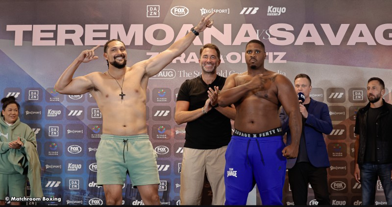 Official Weigh-In results and August 12 Fight Night running order as Teremoana and Savage square off