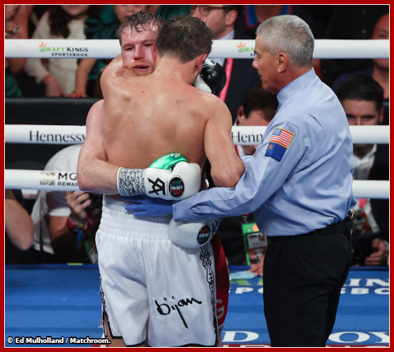 The referee calls the end of the WBA super light heavyweight title bout  between Saul “Ca …